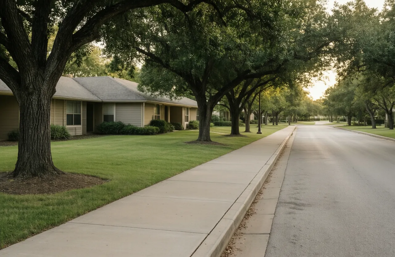 A residential street with a wide sidewalk and mature shade trees in late-day sun