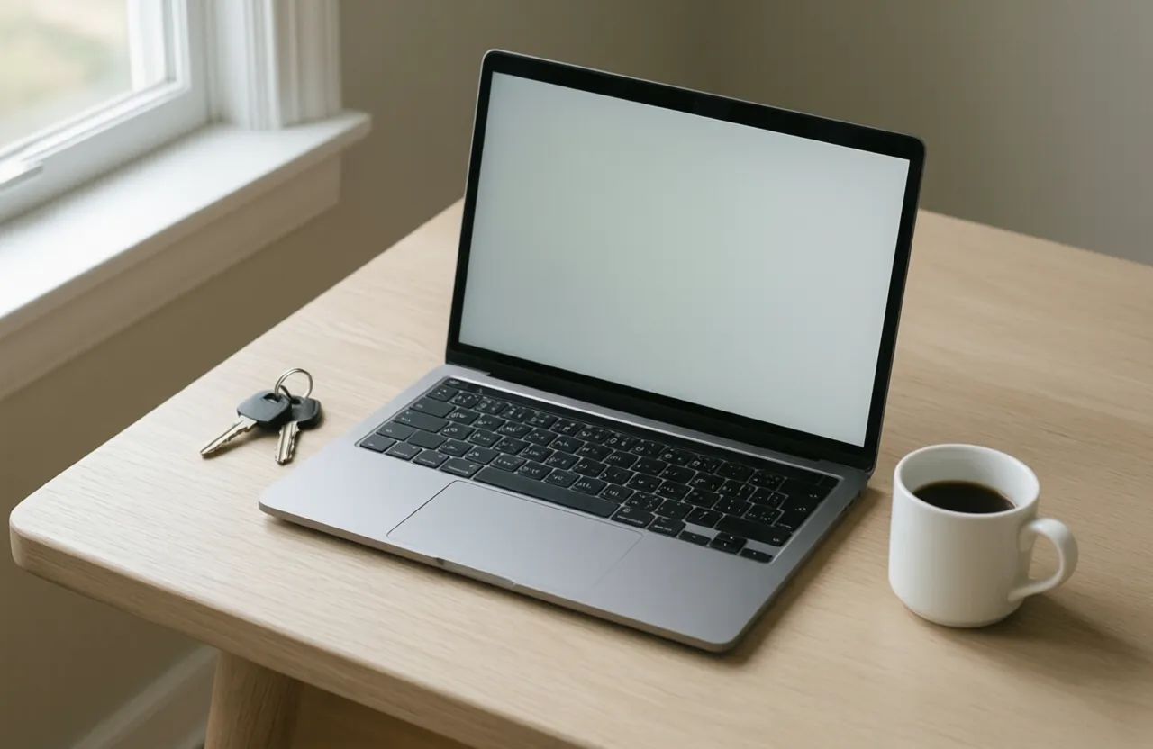 An open laptop, a coffee cup and a set of keys on a pale oak table