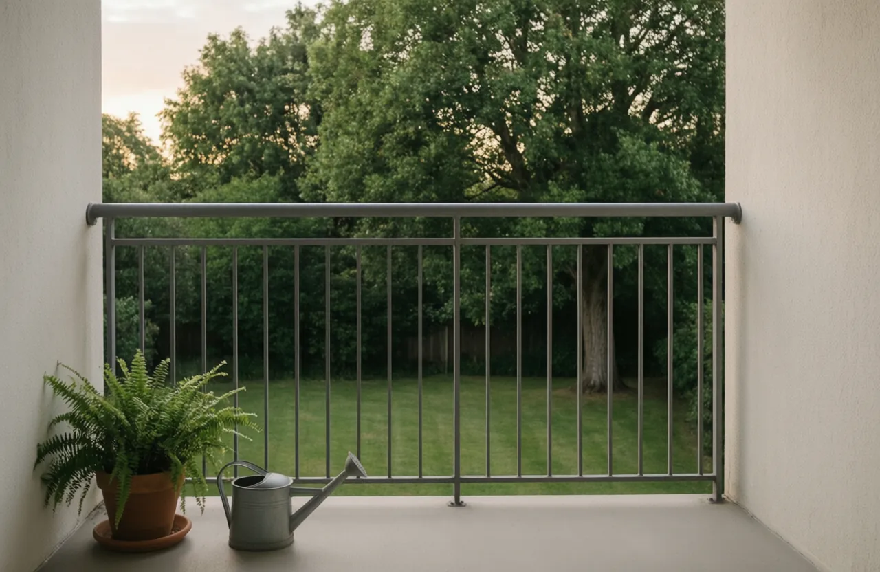 Treetops and lawn seen past the railing of an upper-floor balcony with a potted fern