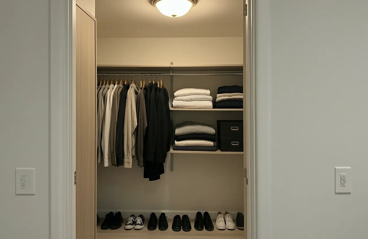 A walk-in closet with a rail of hanging clothes, shelved linens and a row of shoes