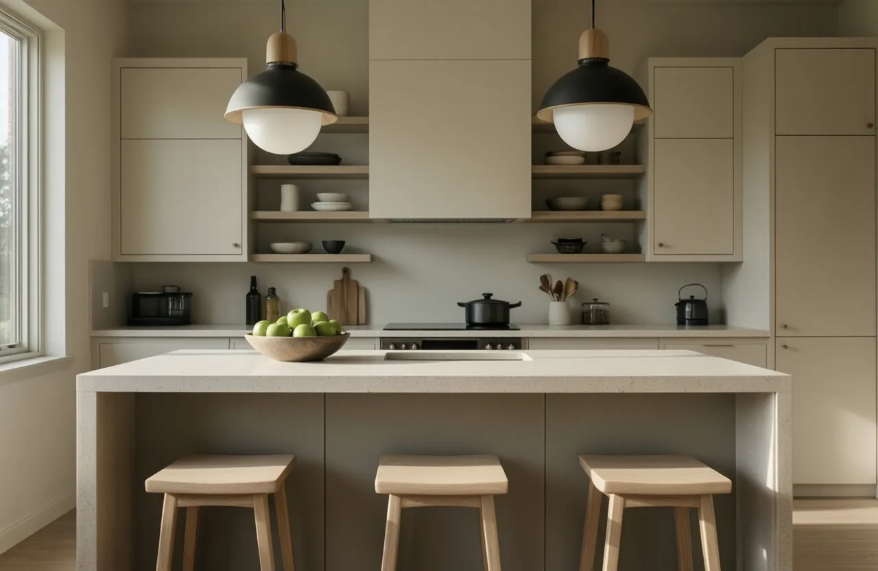 A clubhouse kitchen bar with three stools, pendant lights and pale cabinetry behind