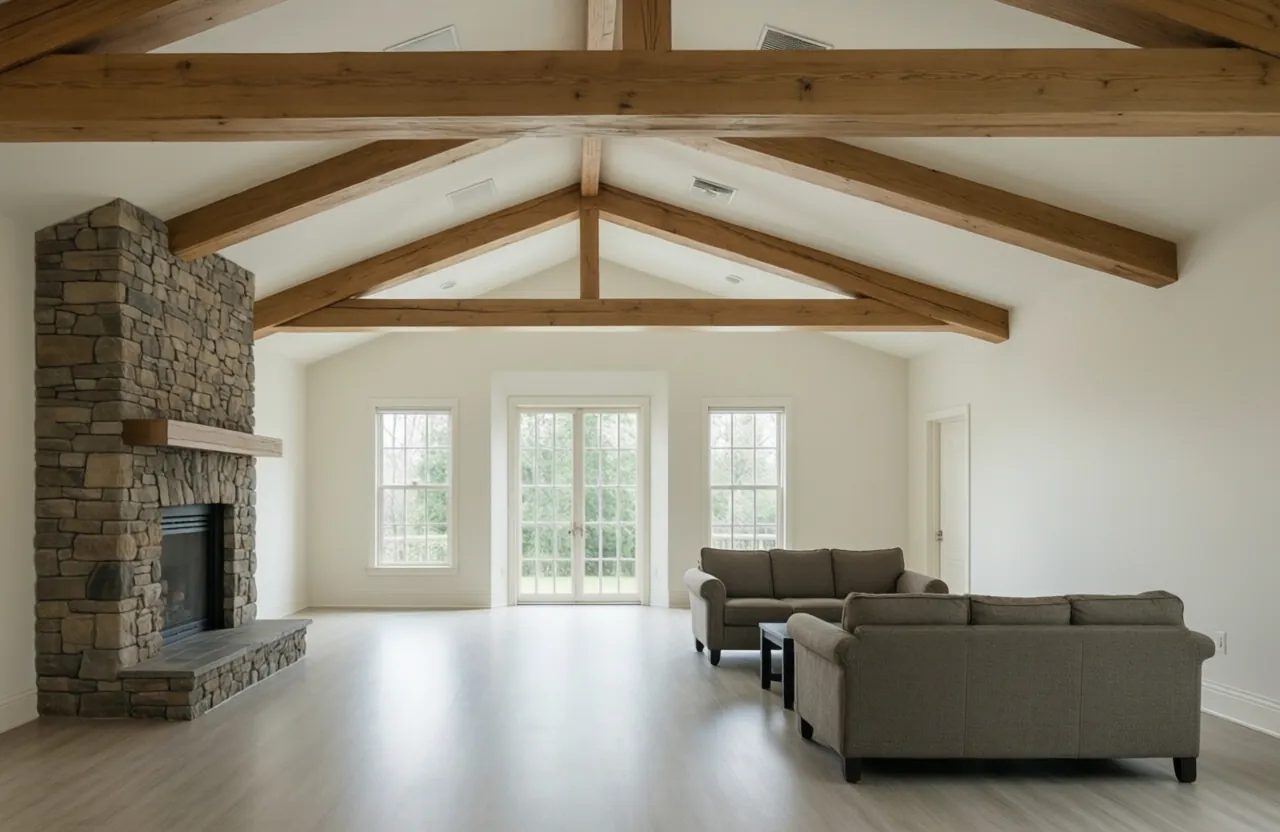 A clubhouse great room with a vaulted beamed ceiling, stone chimney and lounge chairs