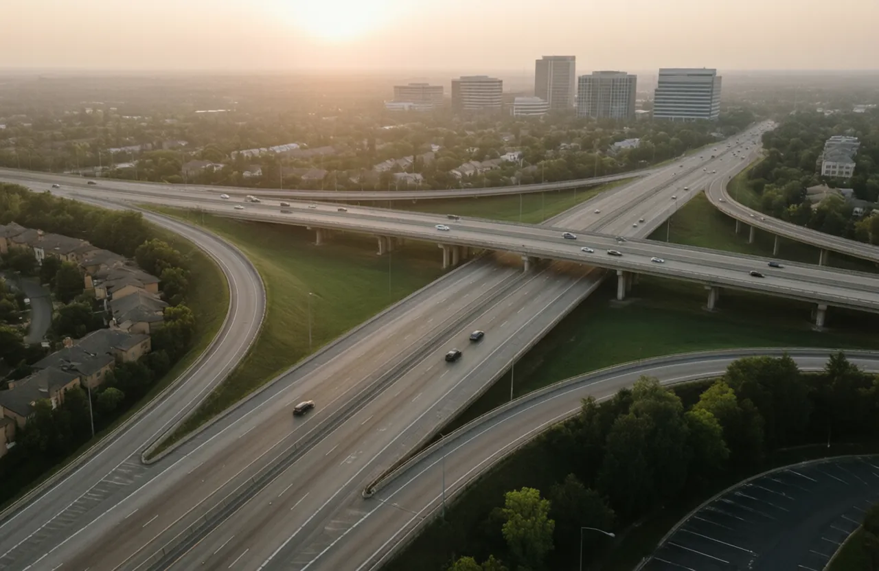 A suburban highway interchange with curving ramps and light traffic at golden hour