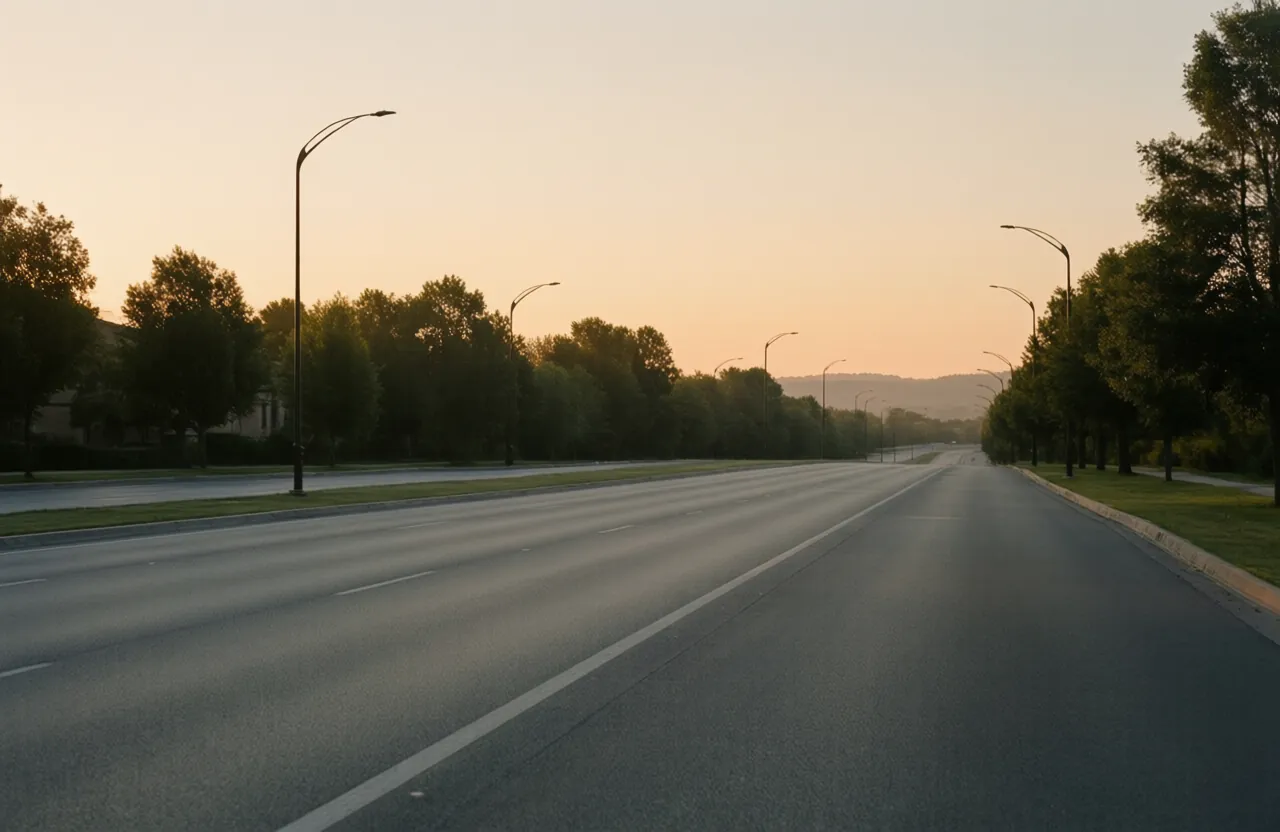 An empty suburban arterial road stretching toward a sunrise horizon