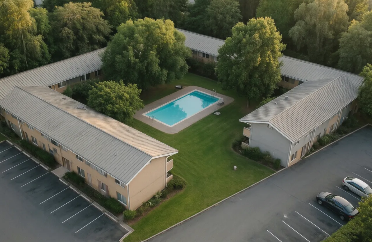An aerial view of garden-apartment buildings arranged around a lawn and swimming pool