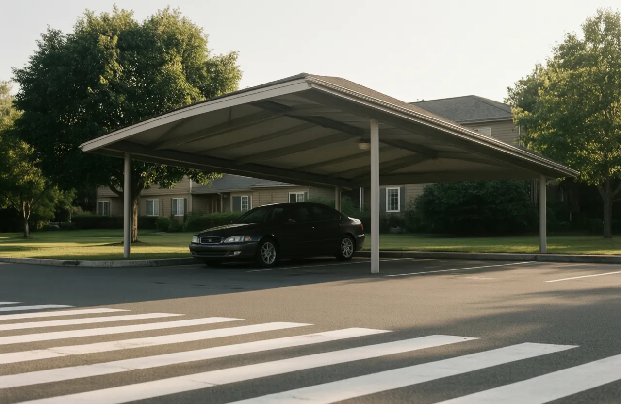 A covered parking canopy on steel posts shading a parked car on a sunlit lot