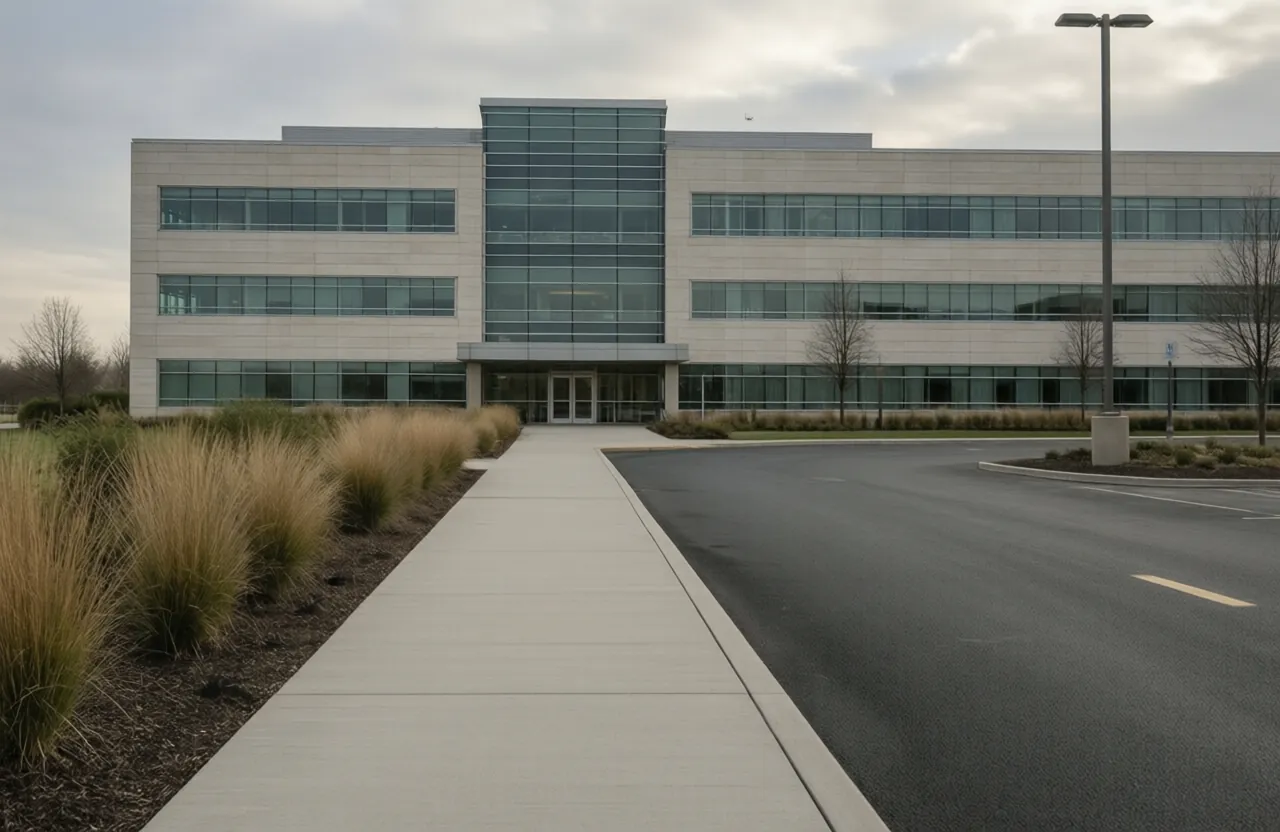 A modern medical-office building of pale stone and glass seen from its parking approach