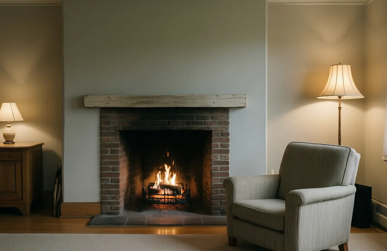 A brick fireplace with a painted mantel and one armchair in a small living room