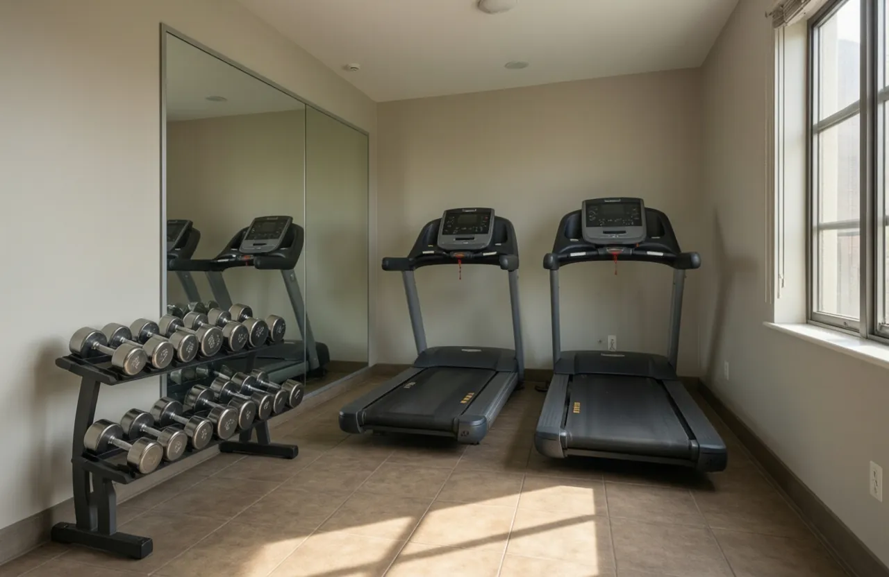 Treadmills, a dumbbell rack and a rubber-tiled floor in a small apartment fitness room