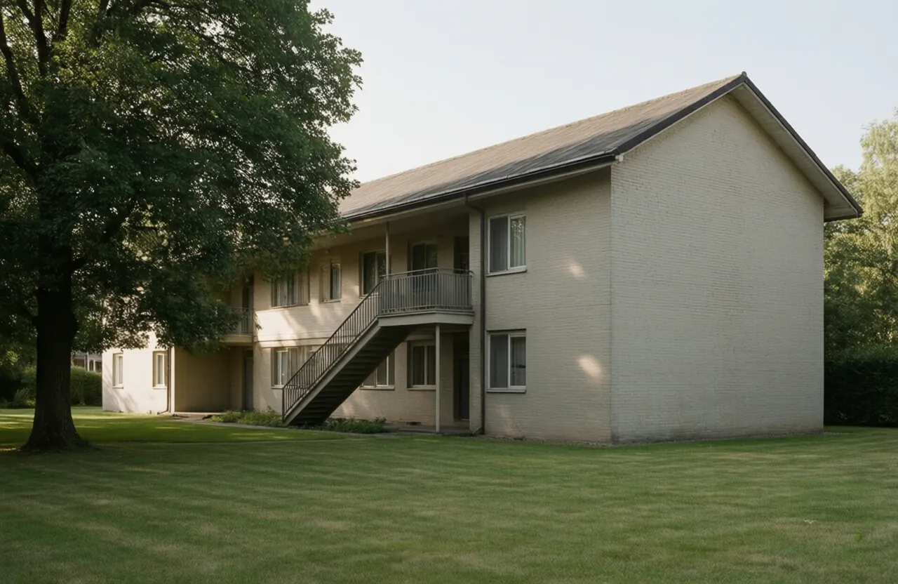 A two-story garden-apartment building with an exterior staircase to an upper walkway