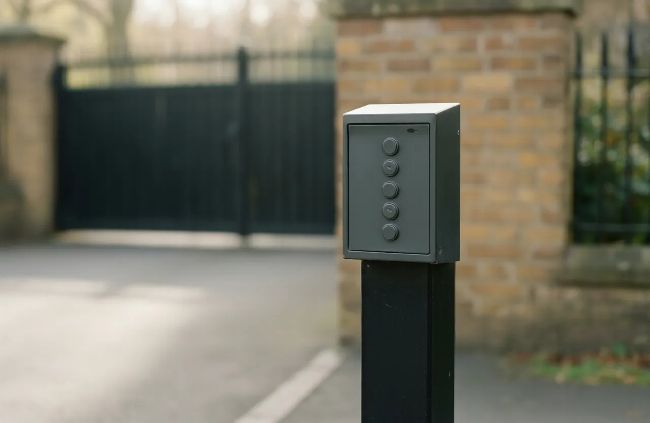A call-box pedestal with unlabeled buttons in front of a residential gate and brick column