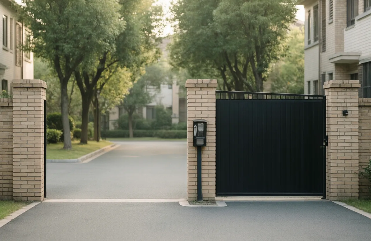 A metal sliding gate between brick columns at the entrance to a residential community