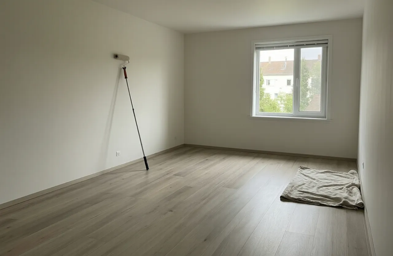 An empty living room with new wood-plank flooring and a paint roller against a fresh wall