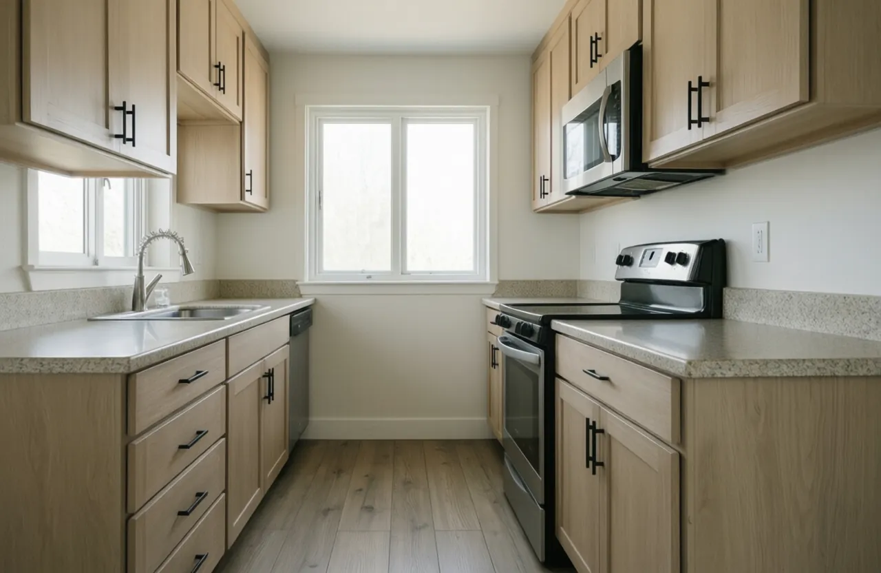 A galley kitchen with pale oak cabinets, matte black pulls and a speckled countertop