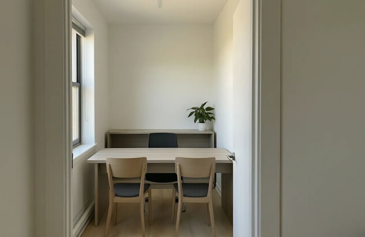 A leasing-office desk with two chairs facing it and a small potted plant on the corner