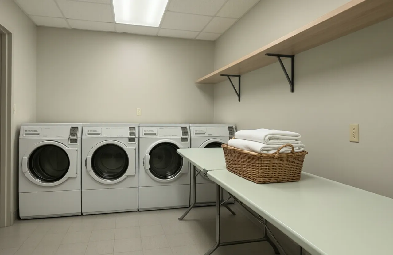 Four front-loading machines and a folding counter with a basket of linens in a laundry room