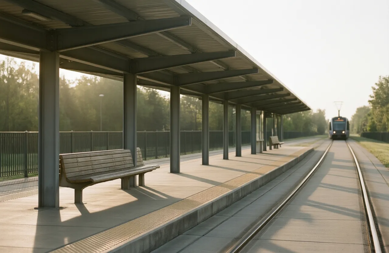An empty light-rail platform under a slim steel canopy in early morning light