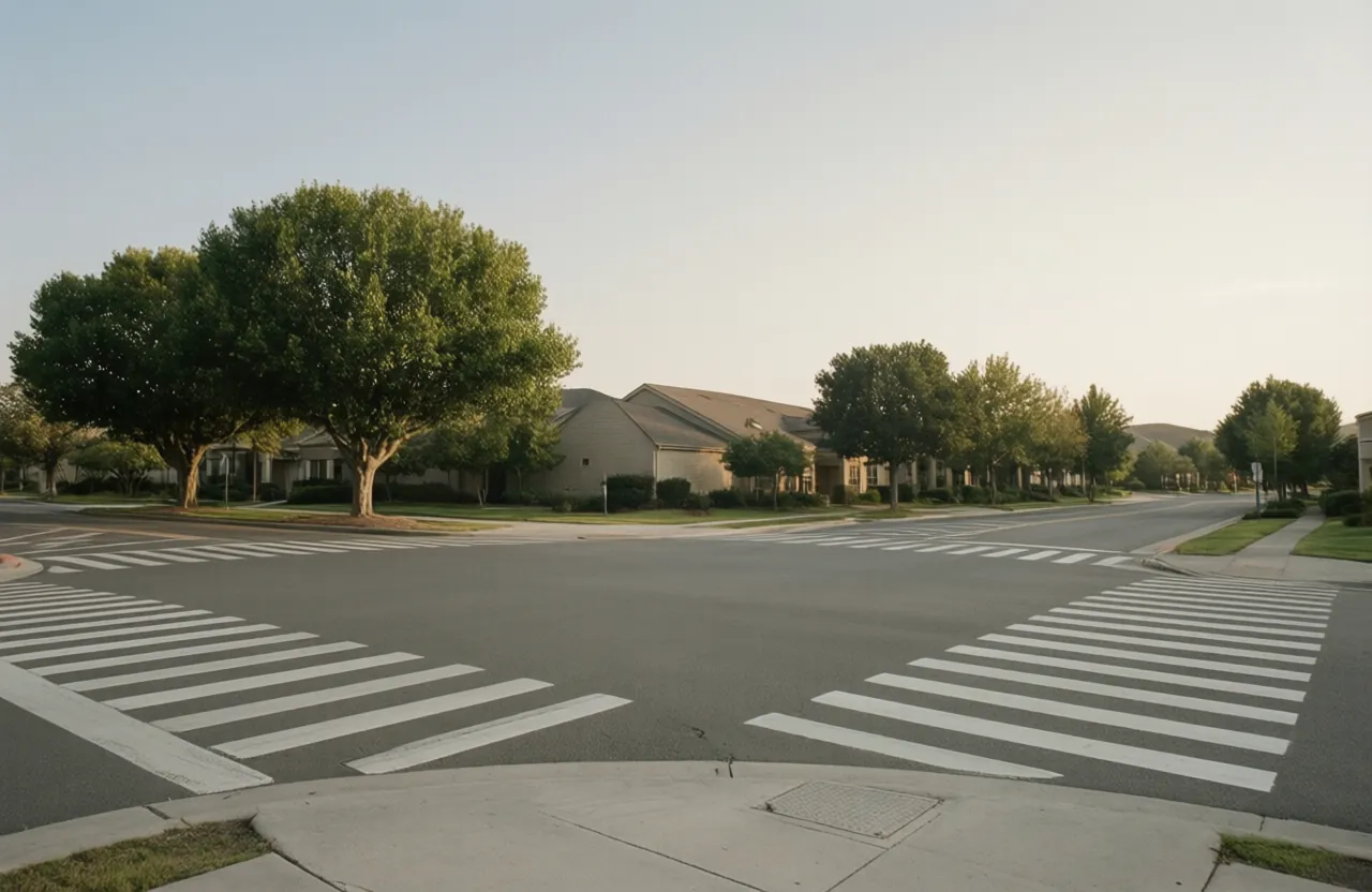 A wide suburban intersection with crosswalk stripes and mature street trees