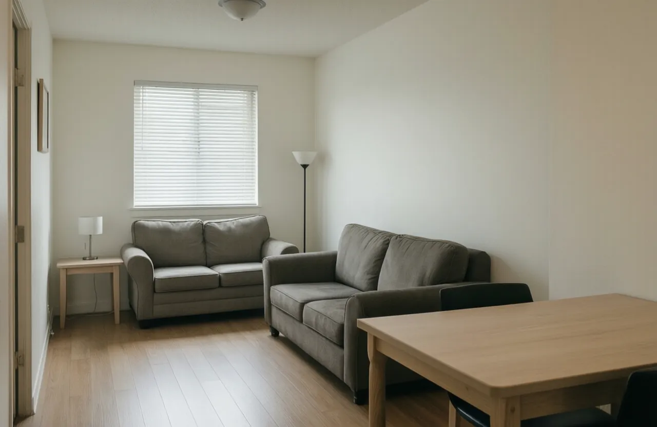 A compact living area seen across a kitchen breakfast bar in a one-bedroom apartment