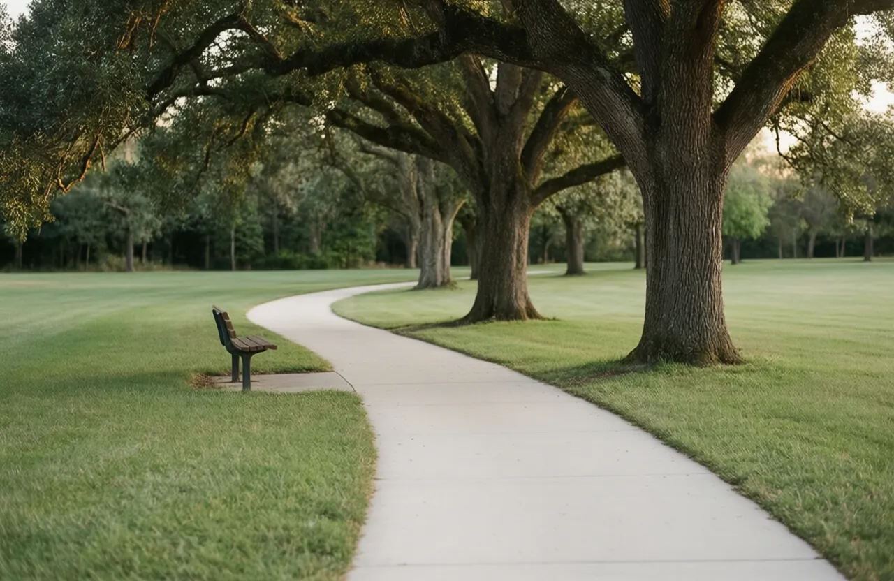 A concrete path curving between mature oaks past an empty bench in a suburban park