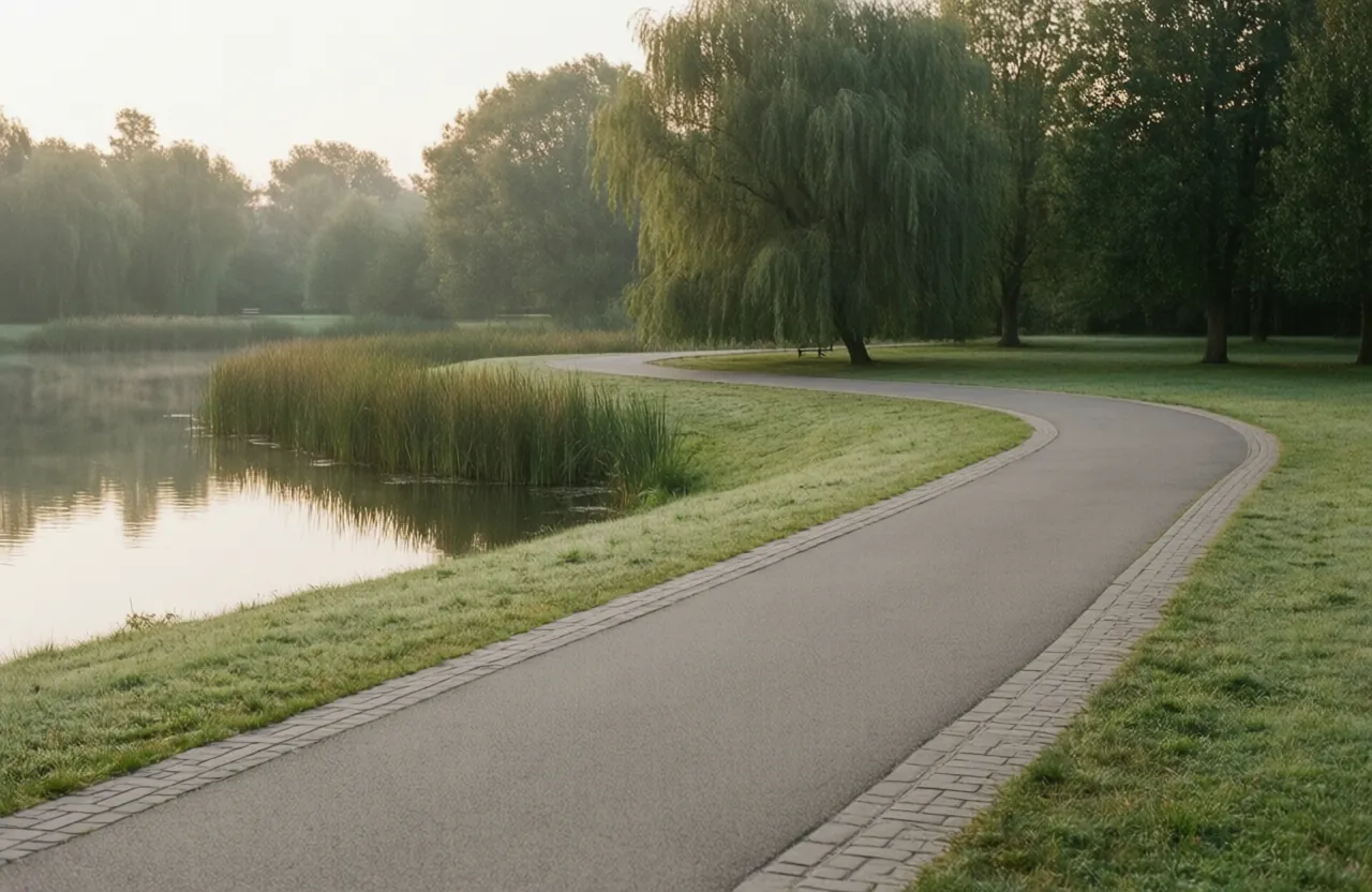 A paved trail curving around a still park pond edged with reeds in early morning