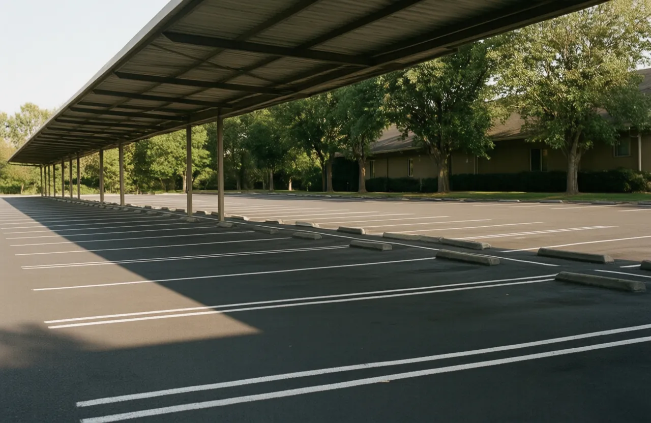 Empty striped parking bays with a shade canopy casting a hard shadow across one row