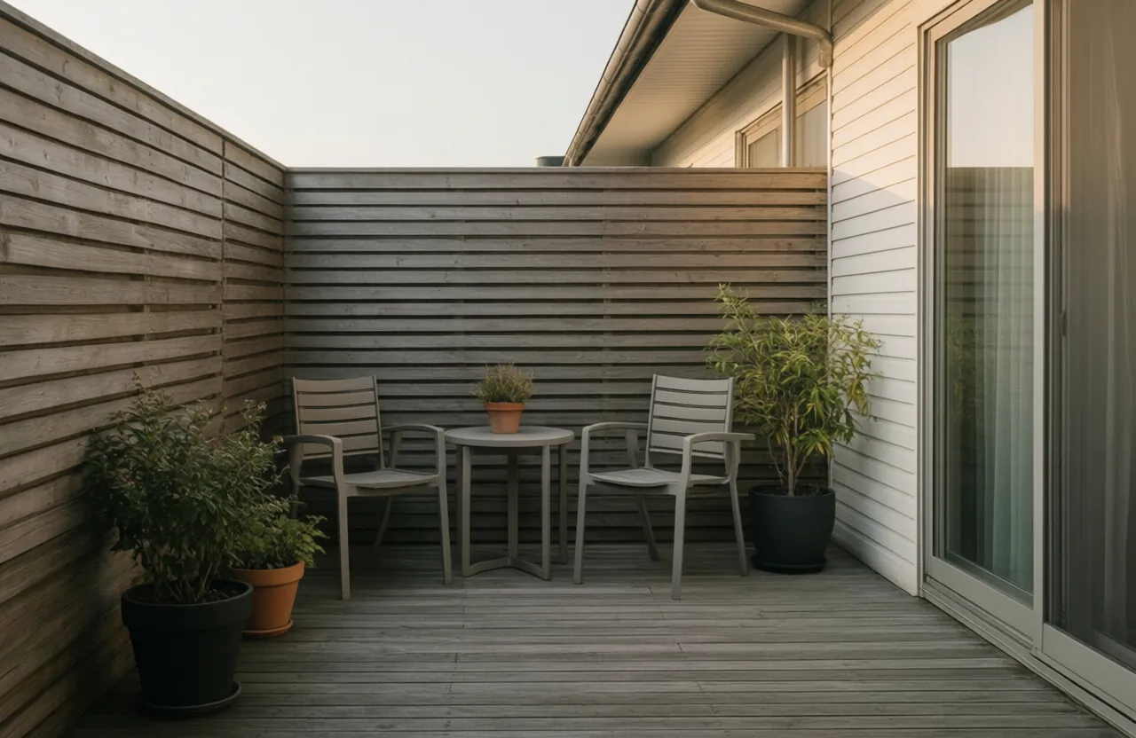 Two chairs and potted plants on a ground-floor patio behind a low wood-slat fence
