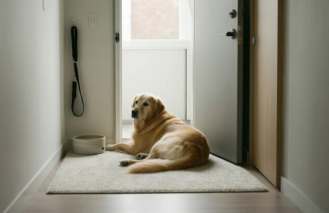 A dog resting on a rug in an entryway beside a leash on a hook and a water bowl