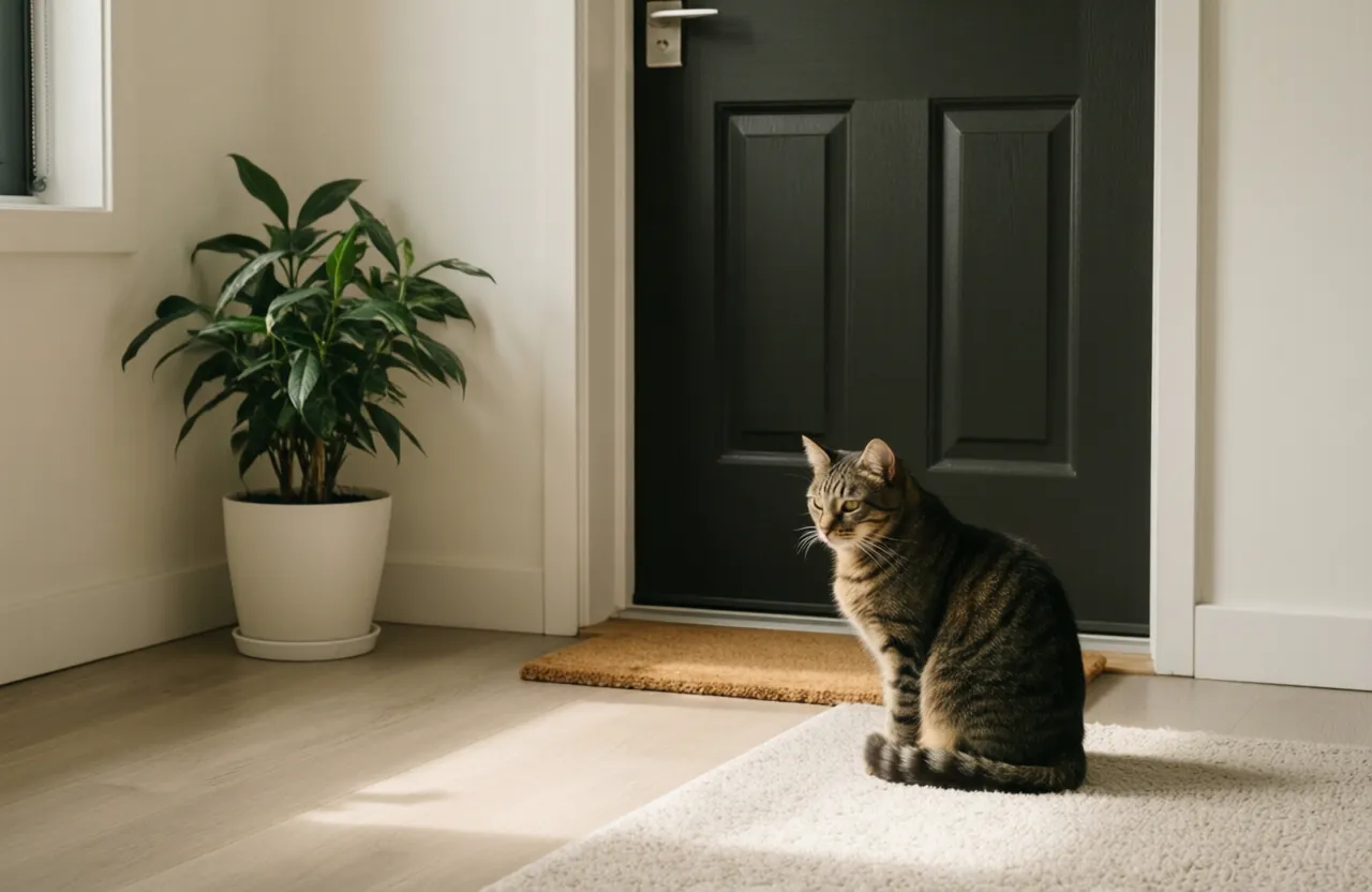 A tabby cat sitting on a rug beside an apartment front door and coir doormat
