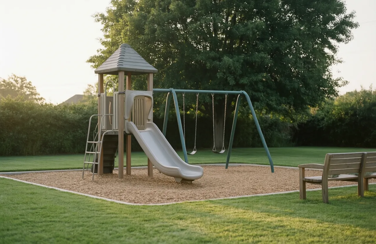 A small playground with a slide, swing set and bench under a mature shade tree