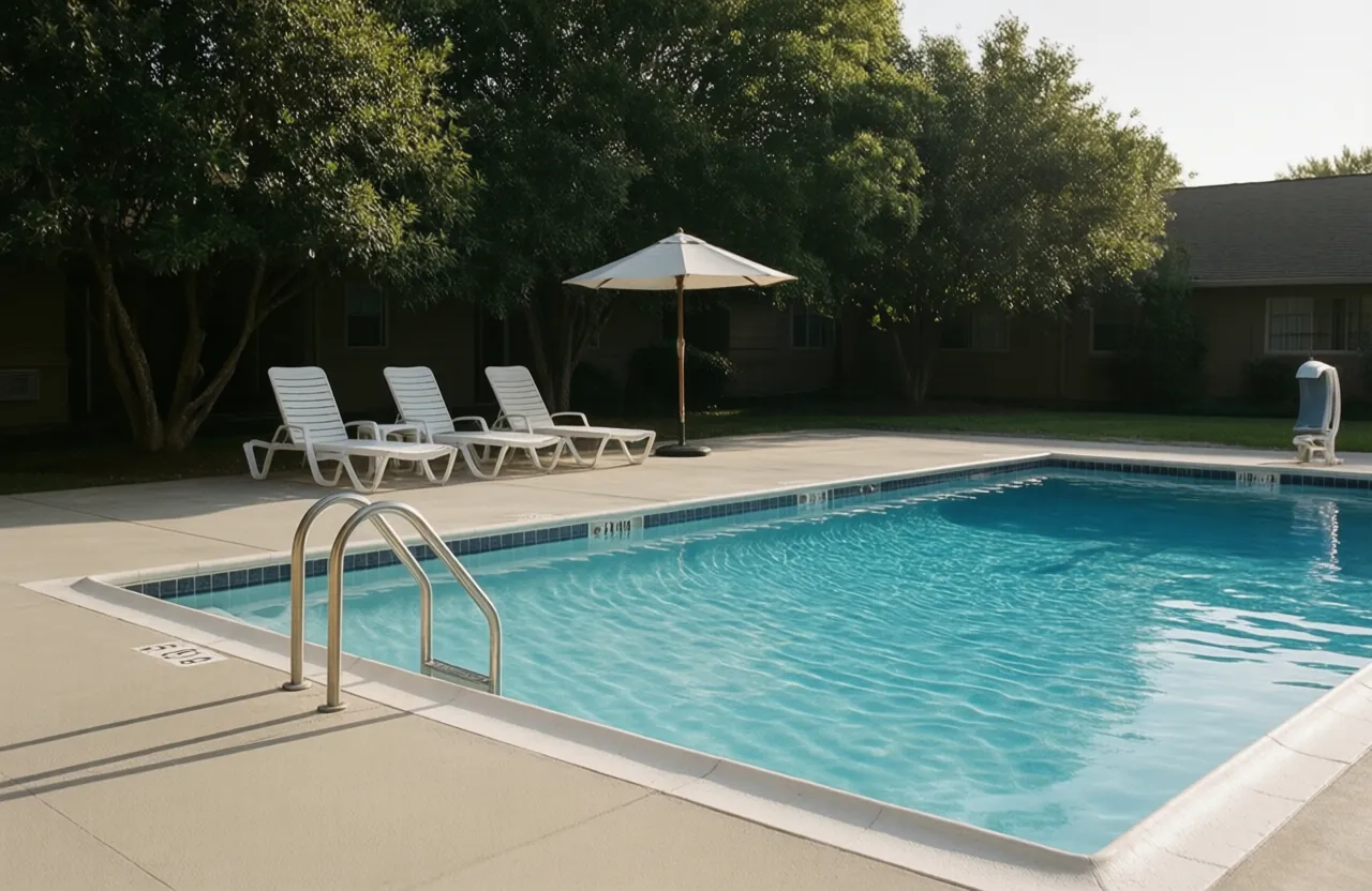 Lounge chairs and an open umbrella beside a rippling apartment-community swimming pool