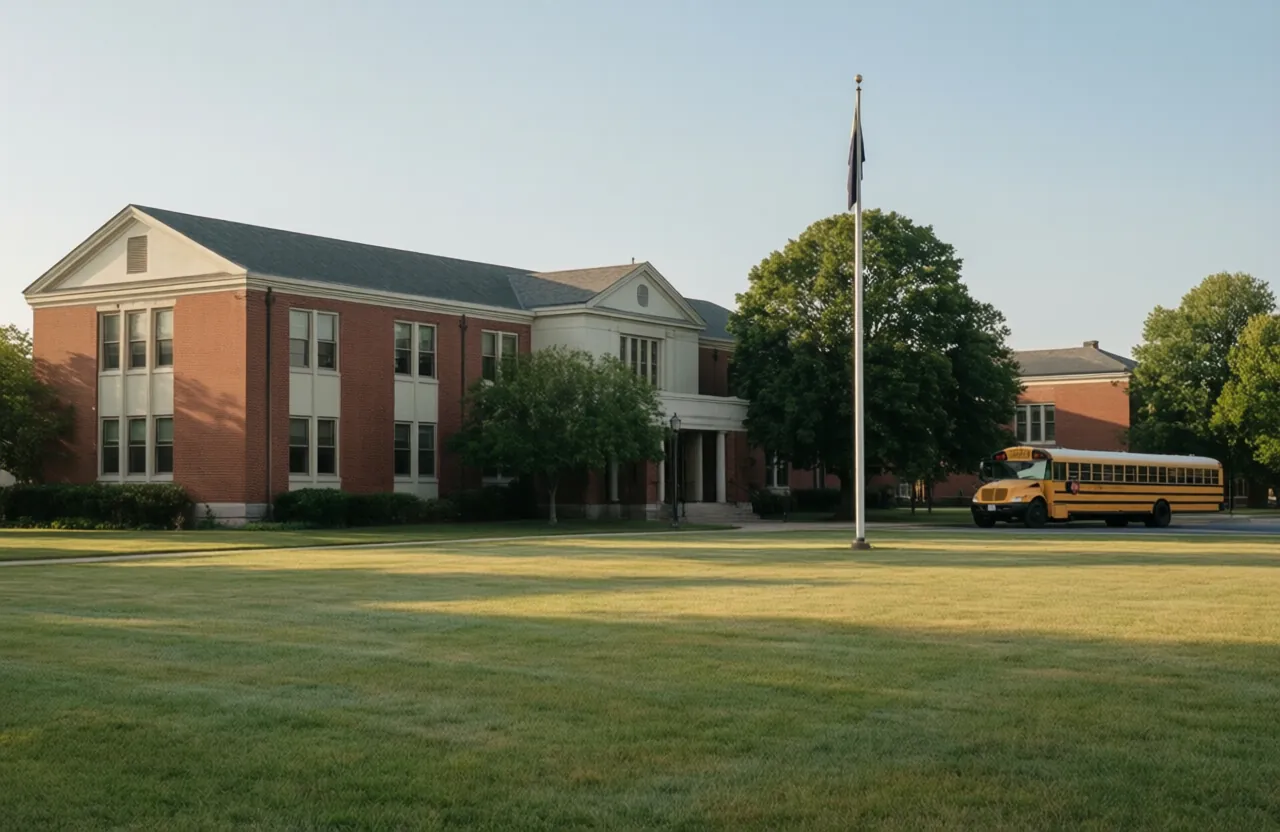 A red-brick suburban school building with a flagpole and a school bus at the curb