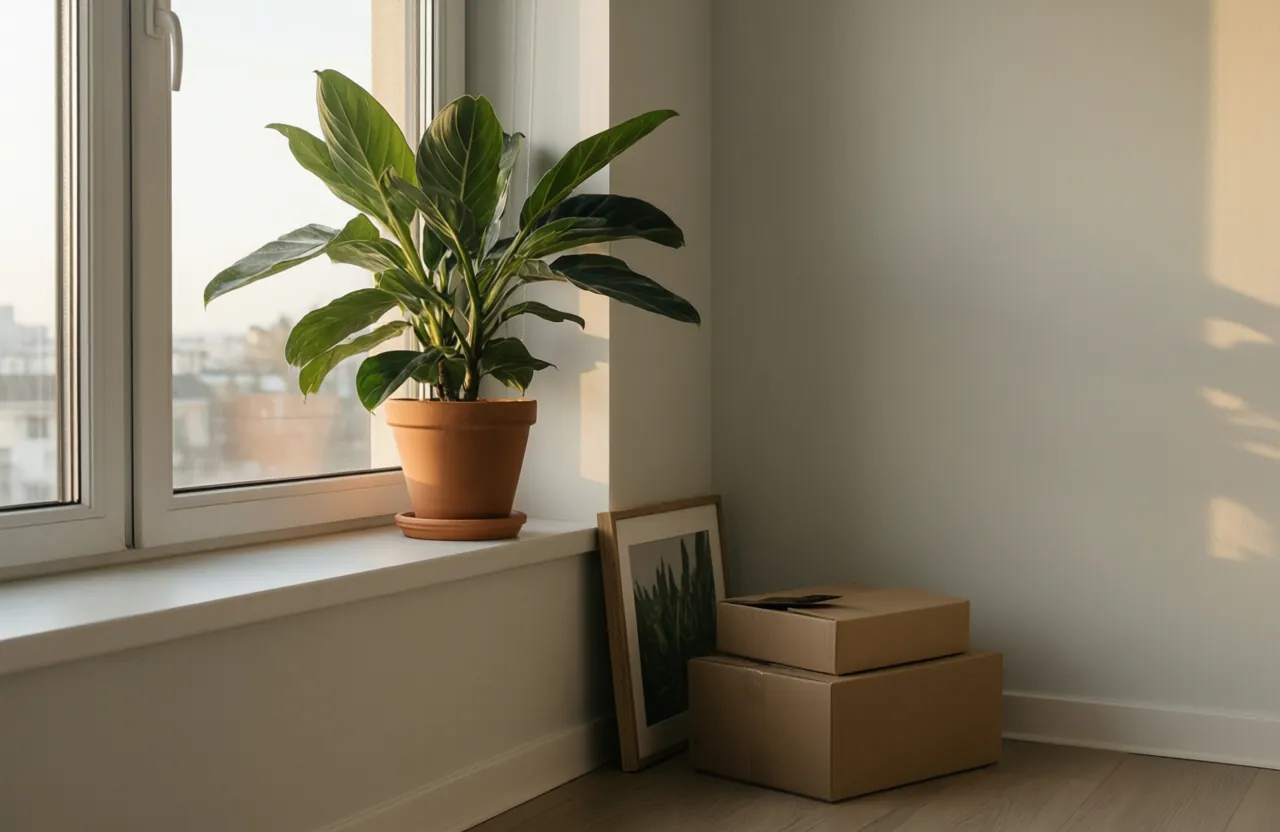 A potted plant on a sunlit window sill beside a small stack of moving boxes