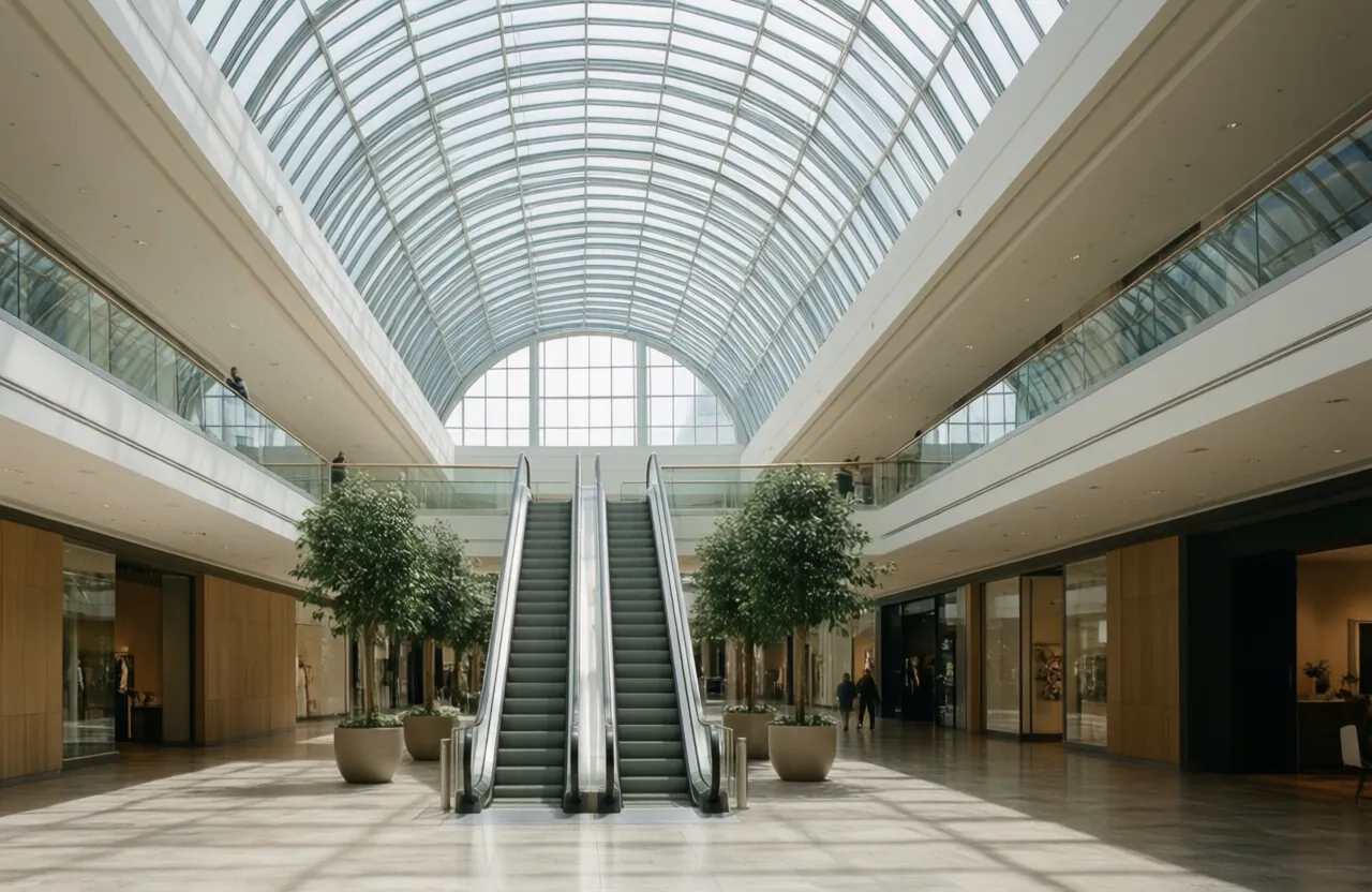 A daylit shopping-mall atrium under a glass barrel-vault roof with balcony levels