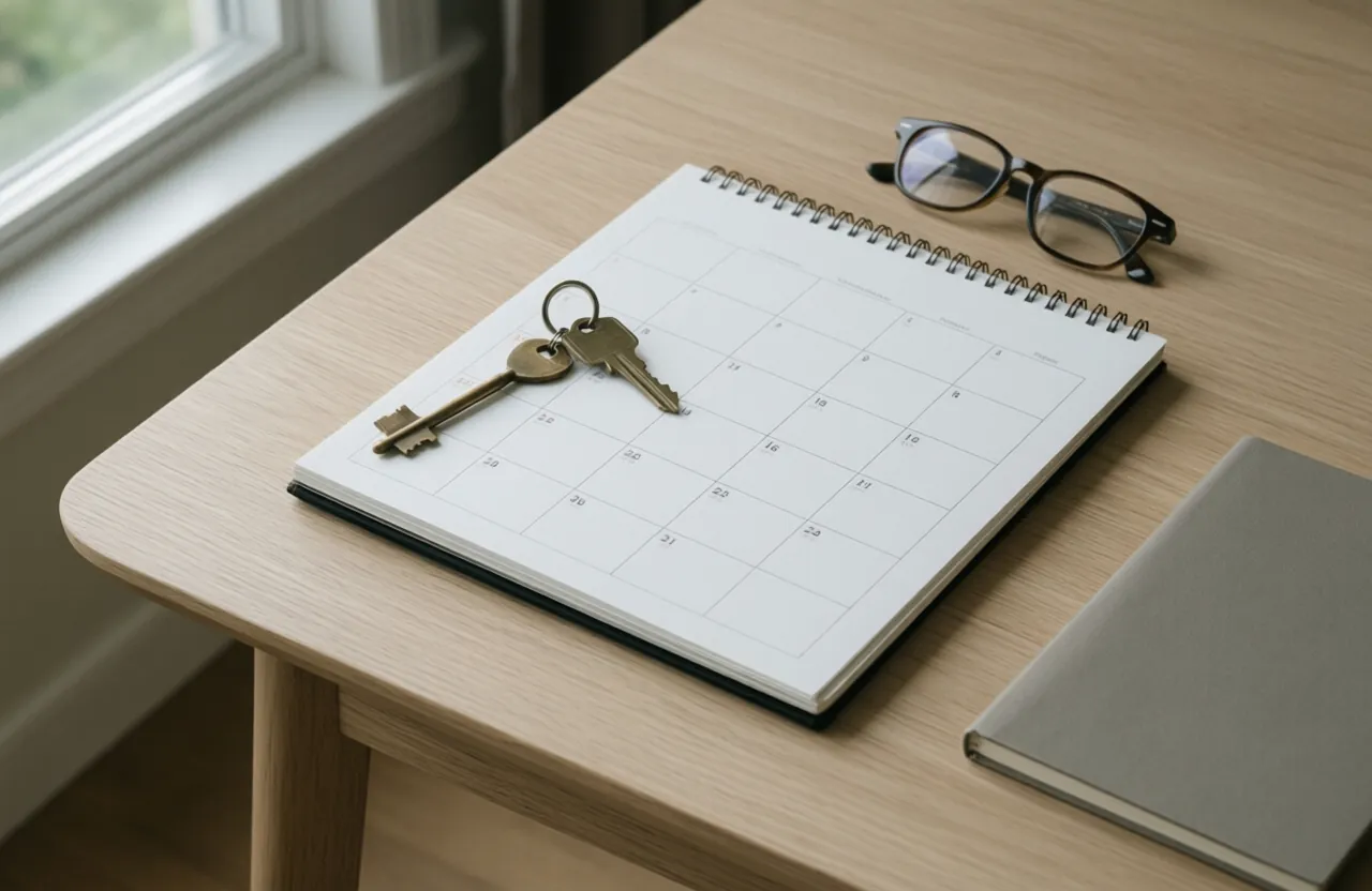 A wall calendar, a door key and a notebook laid out on a pale oak desk