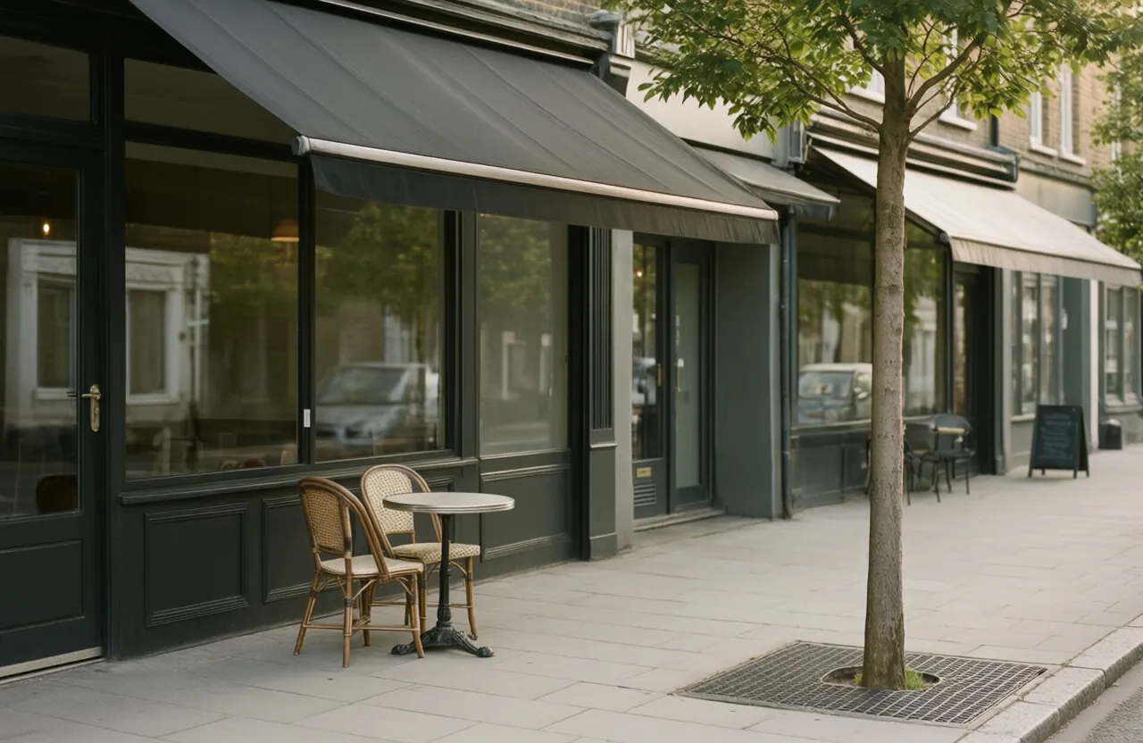 A row of neighborhood storefronts with dark awnings and a cafe table on the sidewalk