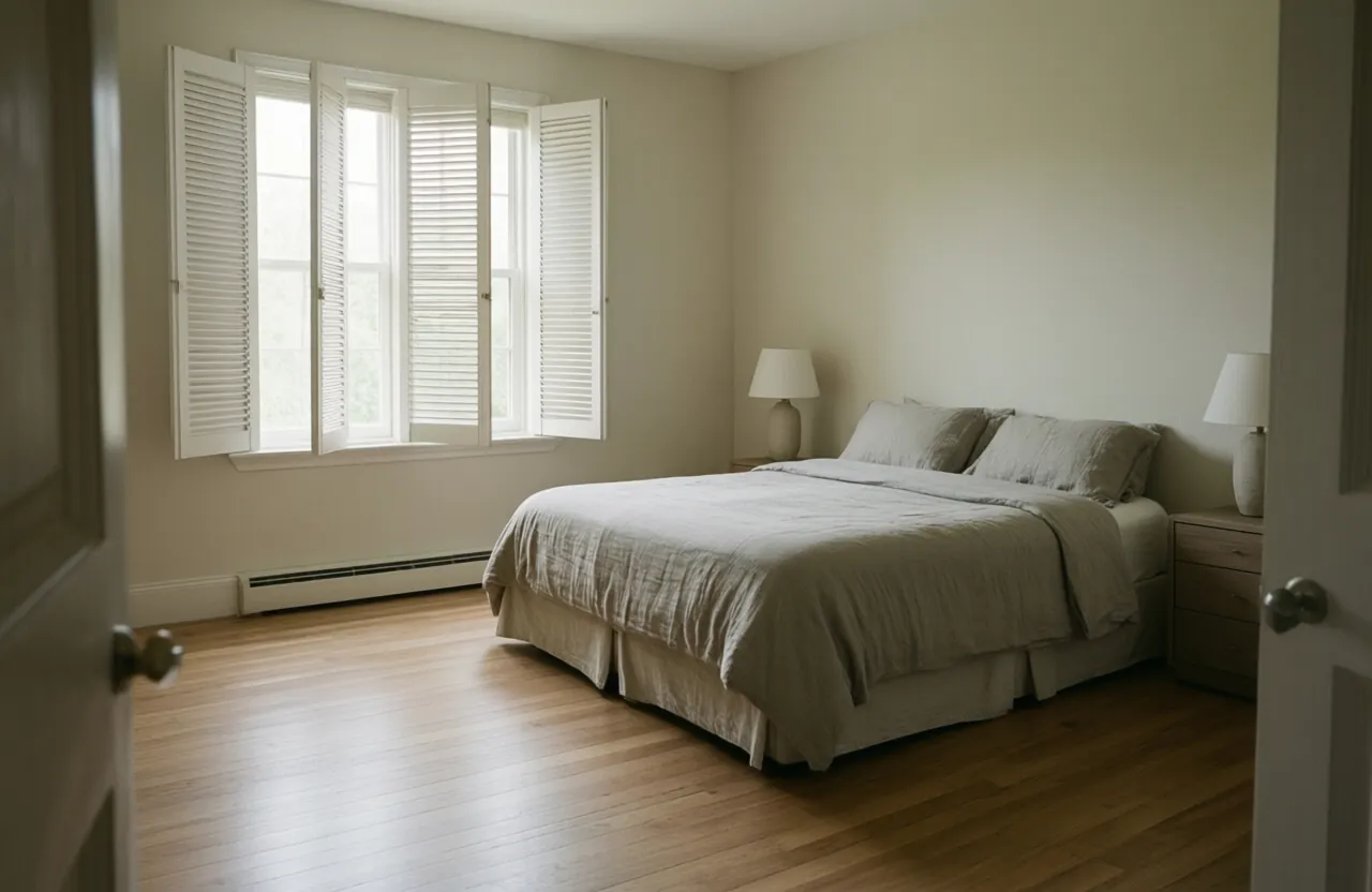 A sunlit bedroom with neutral linen and white plantation shutters half open