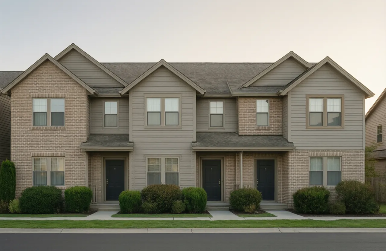 A row of four attached two-story townhomes with stacked windows and dark front doors