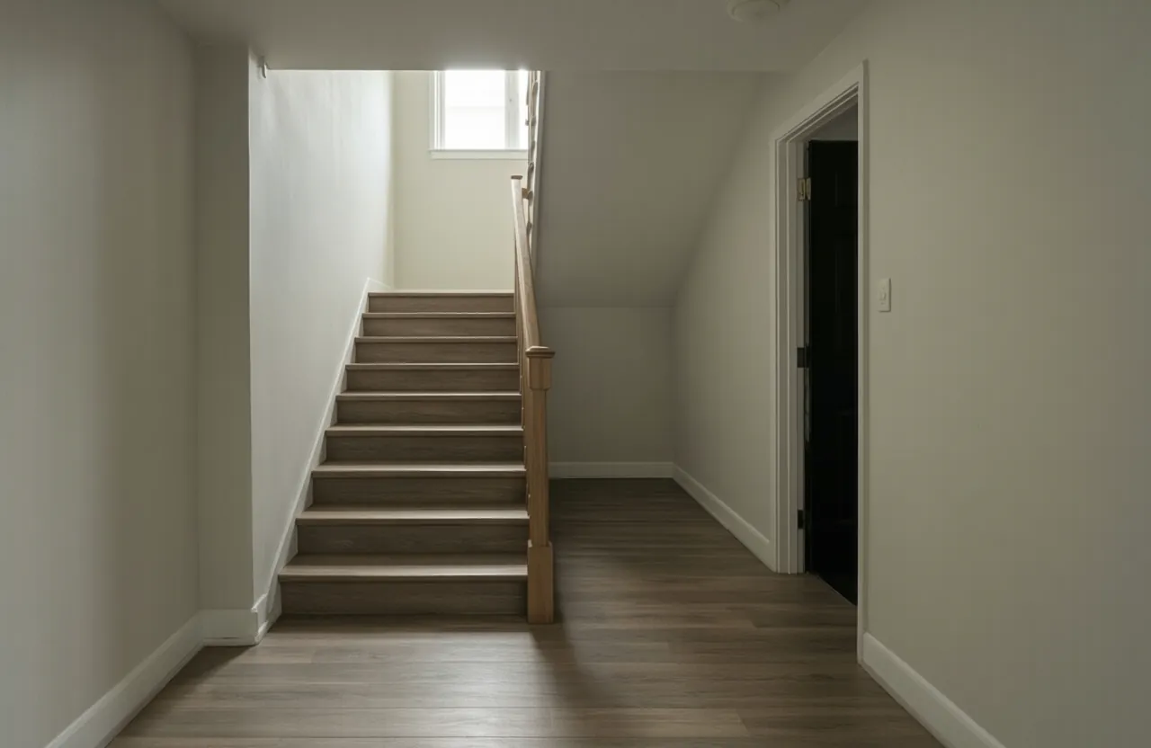 A straight staircase rising to a landing inside a two-story townhome entry