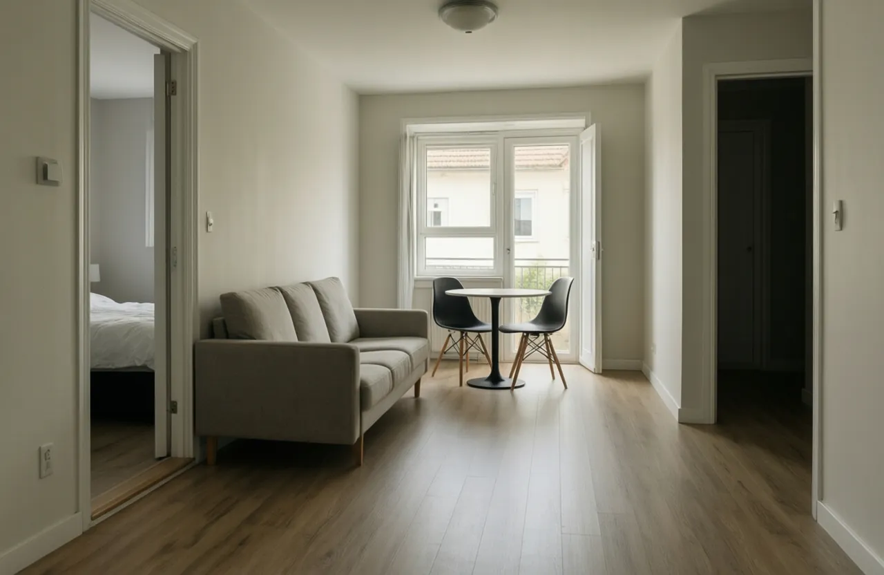 A living and dining area with a sofa and small dining table, seen from the entry