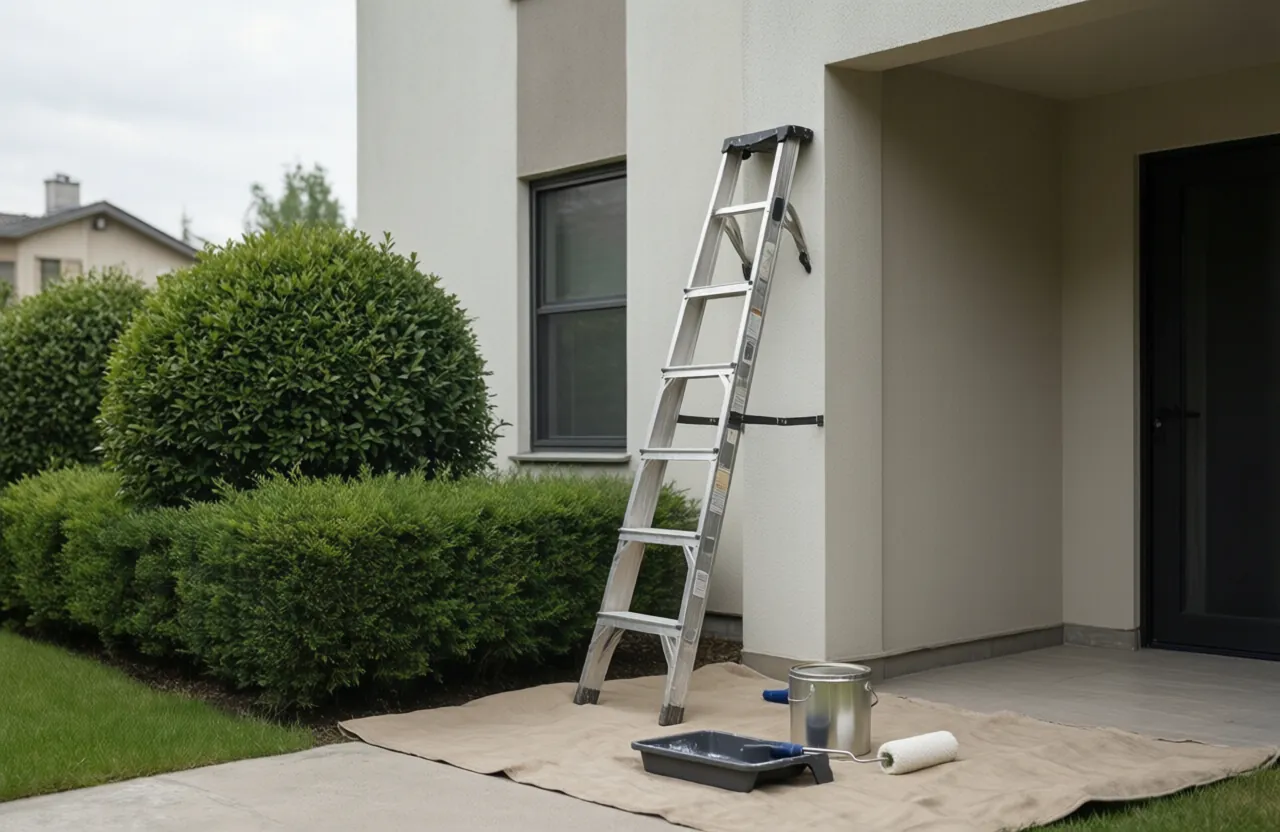 A step ladder, paint can and drop cloth against the exterior wall of an apartment building