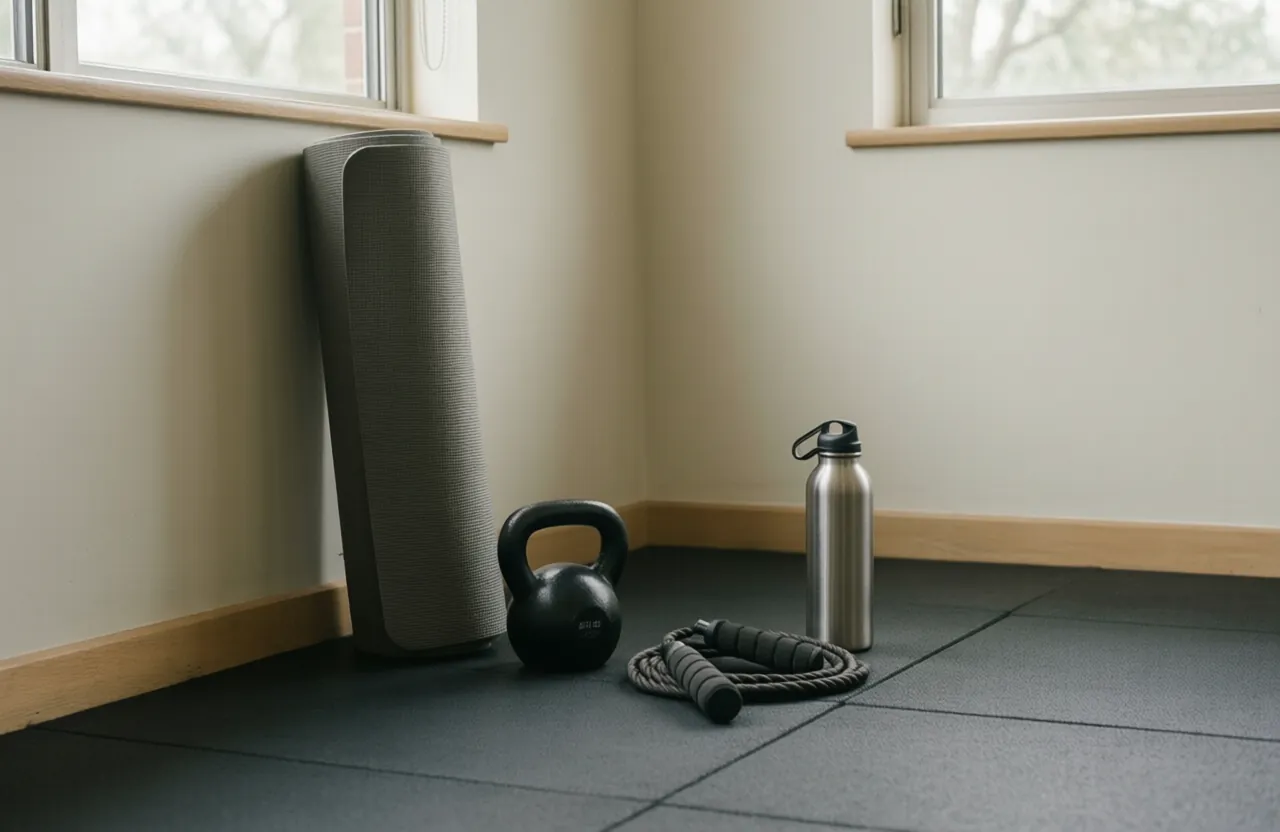 A kettlebell, rolled mat, jump rope and water bottle in a quiet corner of a gym