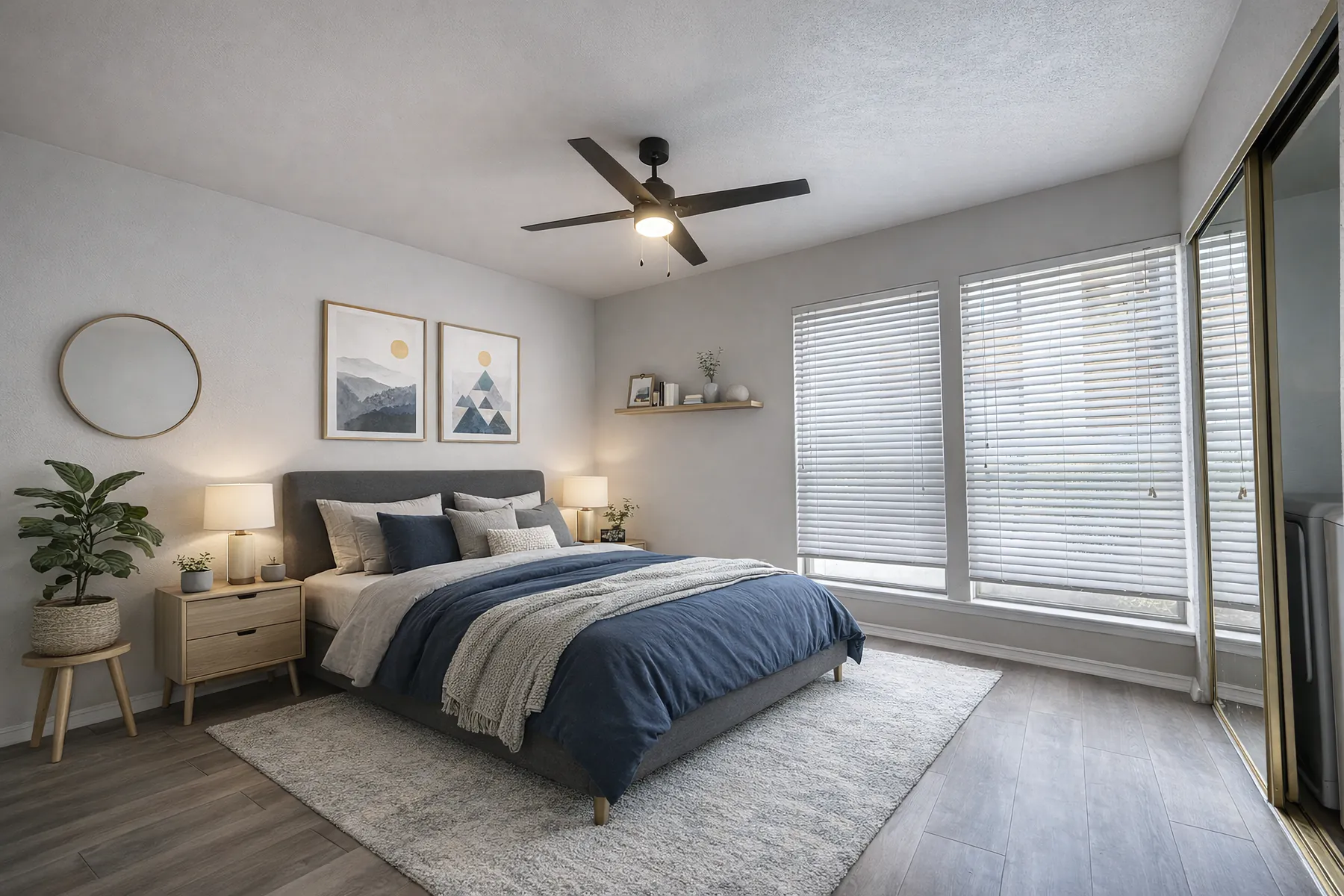 Furnished bedroom with tall blinded windows and mirrored closet doors at Regal Court