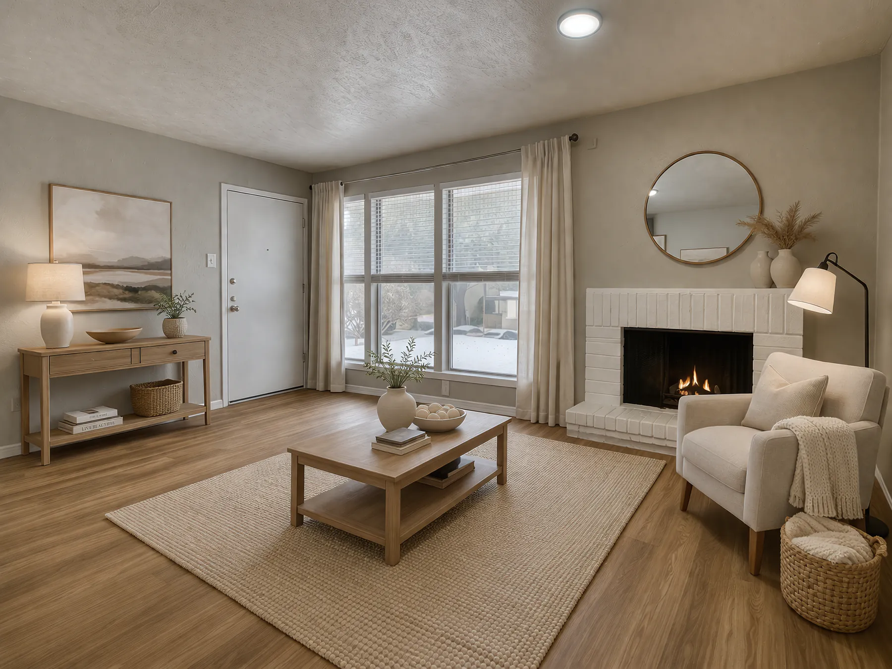 Furnished living room with a white-painted brick fireplace in a Regal Court home